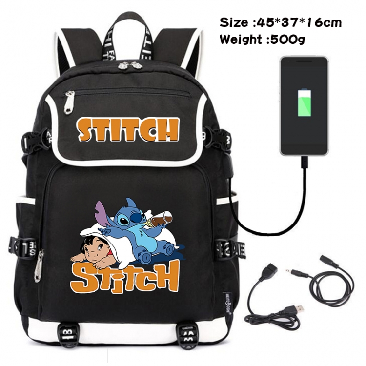 Lilo & Stitch Anime Flip Data Cable USB Backpack School Bag 45X37X16CM