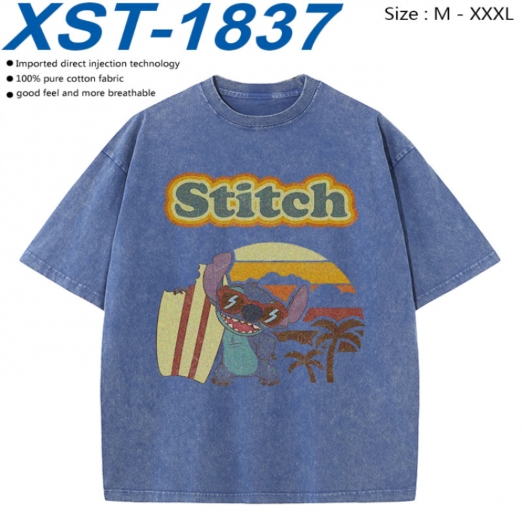 Lilo & Stitch Cotton direct spray color print washed denim T-shirt 250g from M to 3XL