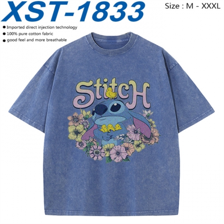 Lilo & Stitch Cotton direct spray color print washed denim T-shirt 250g from M to 3XL