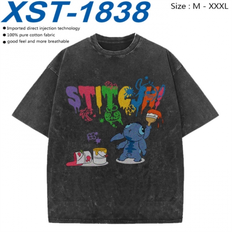 Lilo & Stitch Cotton direct spray color print washed denim T-shirt 250g from M to 3XL