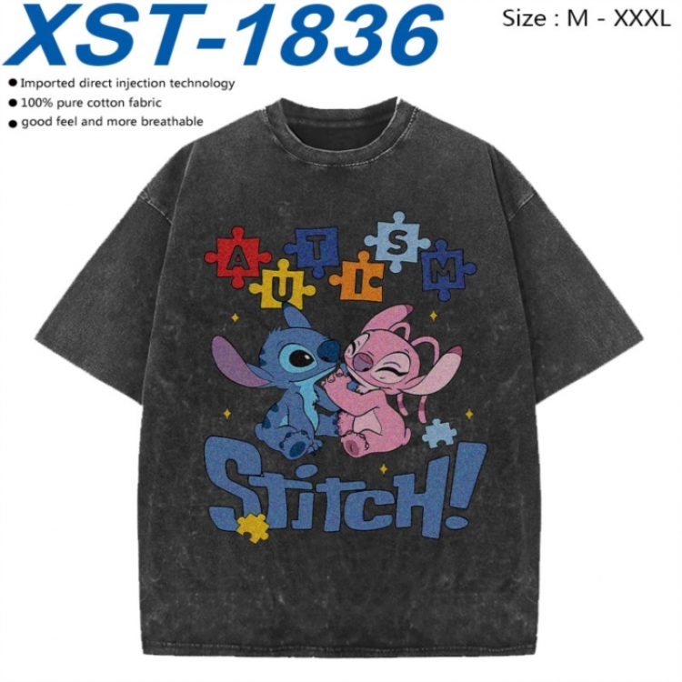 Lilo & Stitch Cotton direct spray color print washed denim T-shirt 250g from M to 3XL