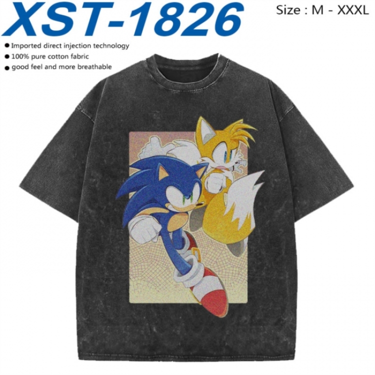 Sonic The Hedgehog Cotton direct spray color print washed denim T-shirt 250g from M to 3XL XST-1826