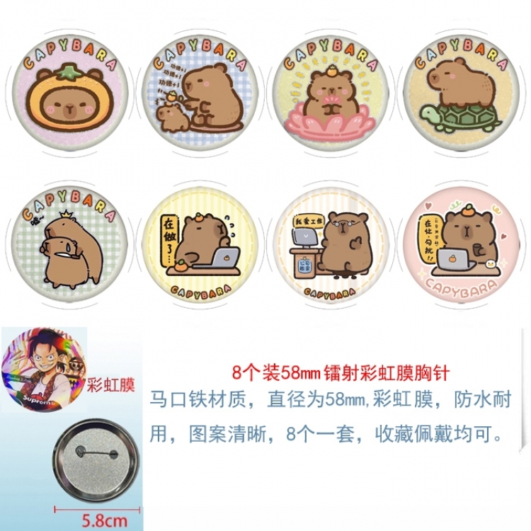 Kapibala Anime Circular laser rainbow film brooch badge 58MM a set of 8