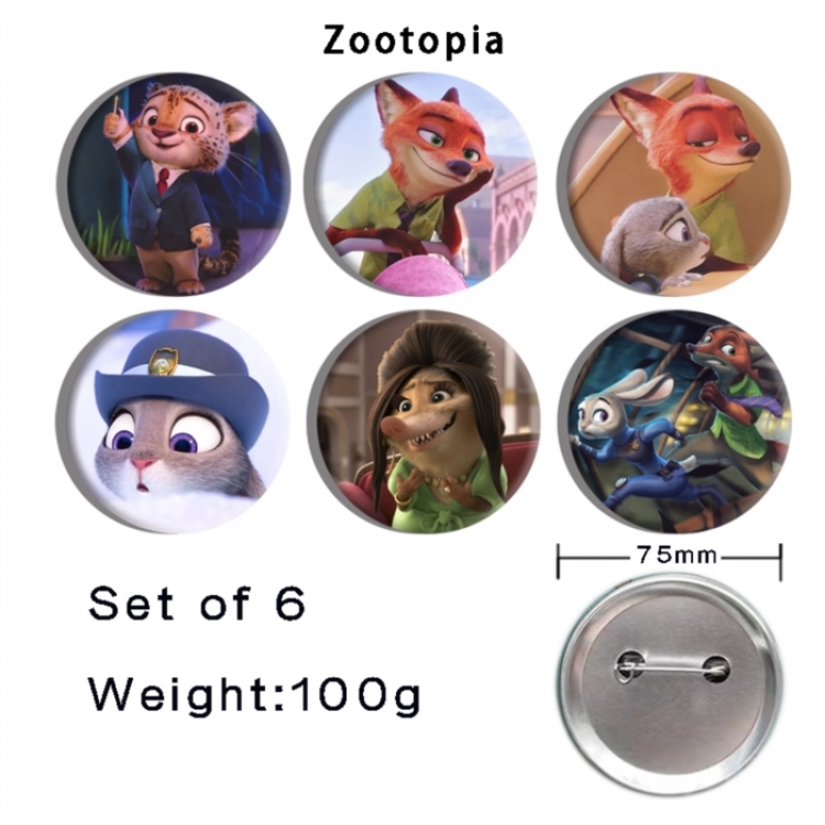 Zootopia Anime Tinplate Bright Film Emblem Badge 75mm a set of 6