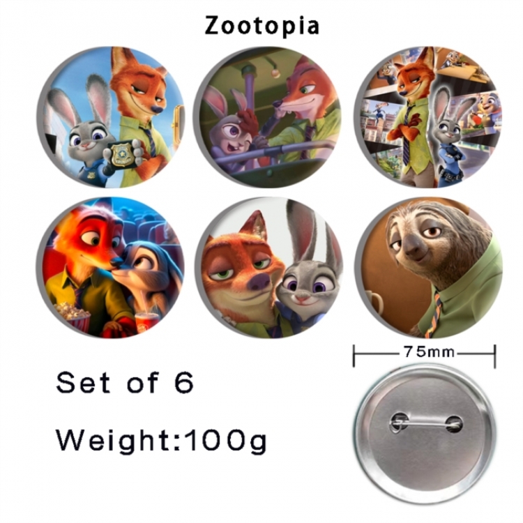 Zootopia Anime Tinplate Bright Film Emblem Badge 75mm a set of 6