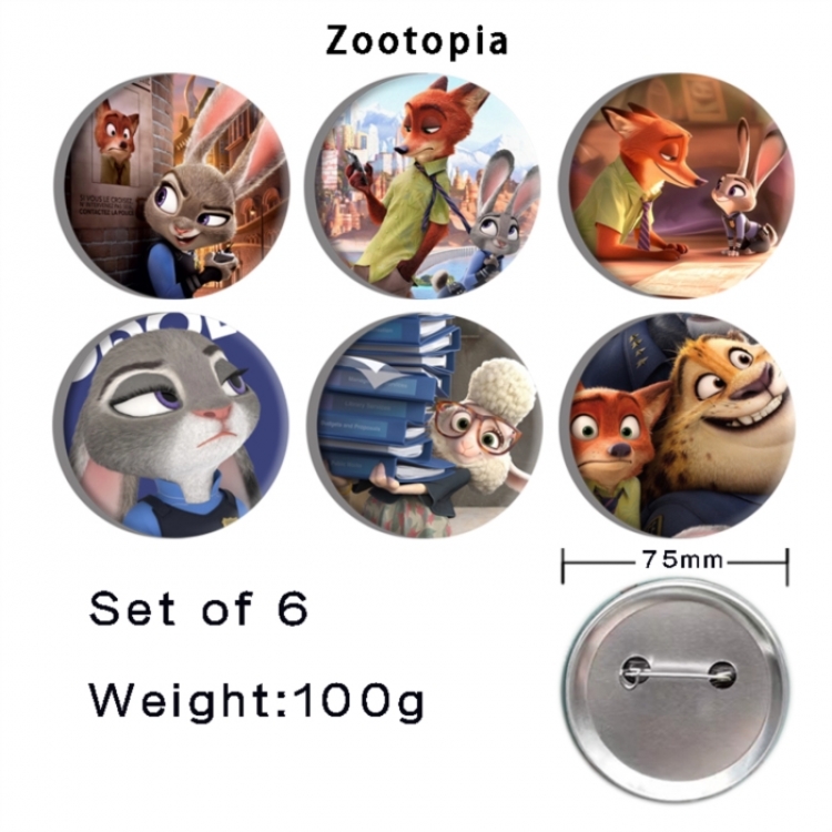 Zootopia Anime Tinplate Bright Film Emblem Badge 75mm a set of 6