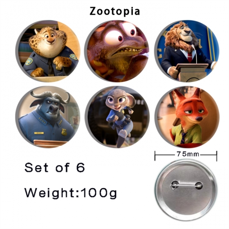 Zootopia Anime Tinplate Bright Film Emblem Badge 75mm a set of 6
