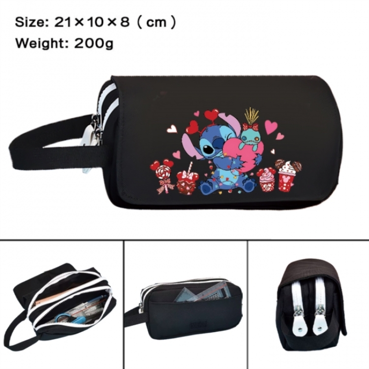 Lilo & Stitch Anime peripheral handheld large capacity double-layer Oxford cloth pencil case 21X10X8cm