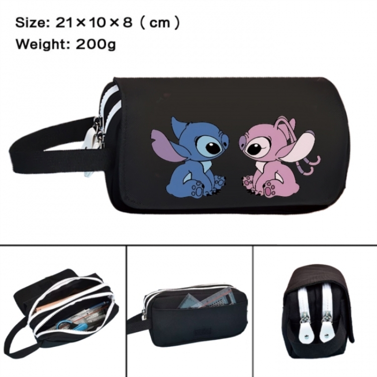 Lilo & Stitch Anime peripheral handheld large capacity double-layer Oxford cloth pencil case 21X10X8cm