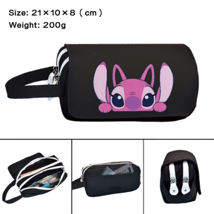 Lilo & Stitch Anime peripheral handheld large capacity double-layer Oxford cloth pencil case 21X10X8cm