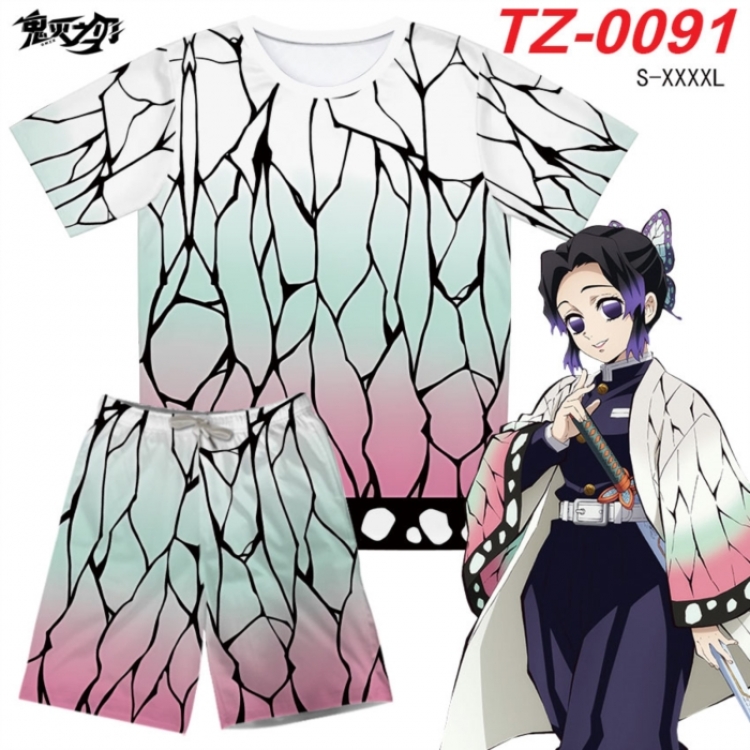 Demon Slayer Kimets Anime Ant Wrinkle Material Full Color Short Sleeve T-shirt+Shorts Set from S to 4XL