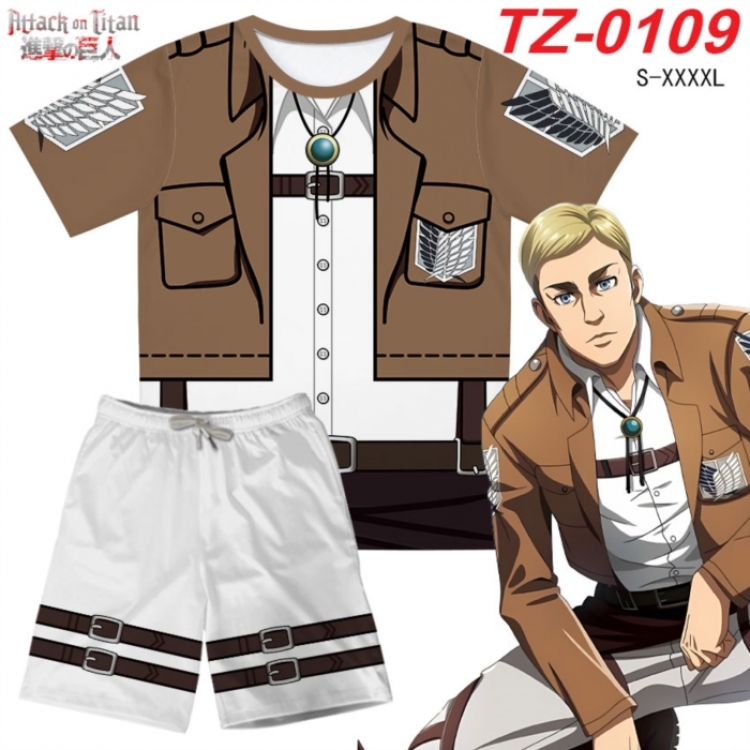 Shingeki no Kyojin Anime Ant Wrinkle Material Full Color Short Sleeve T-shirt+Shorts Set from S to 4XL