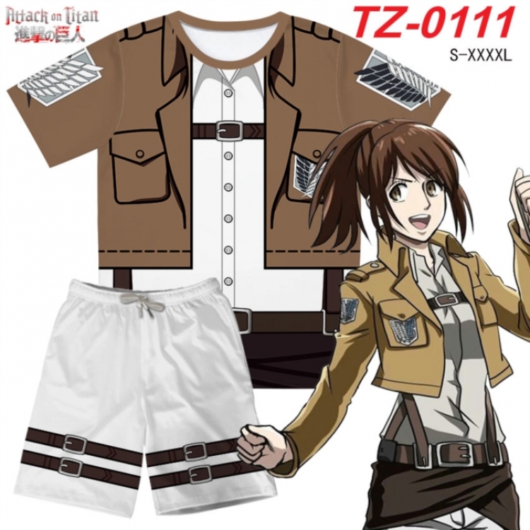 Shingeki no Kyojin Anime Ant Wrinkle Material Full Color Short Sleeve T-shirt+Shorts Set from S to 4XL