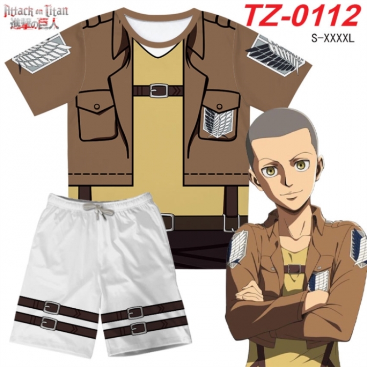 Shingeki no Kyojin Anime Ant Wrinkle Material Full Color Short Sleeve T-shirt+Shorts Set from S to 4XL