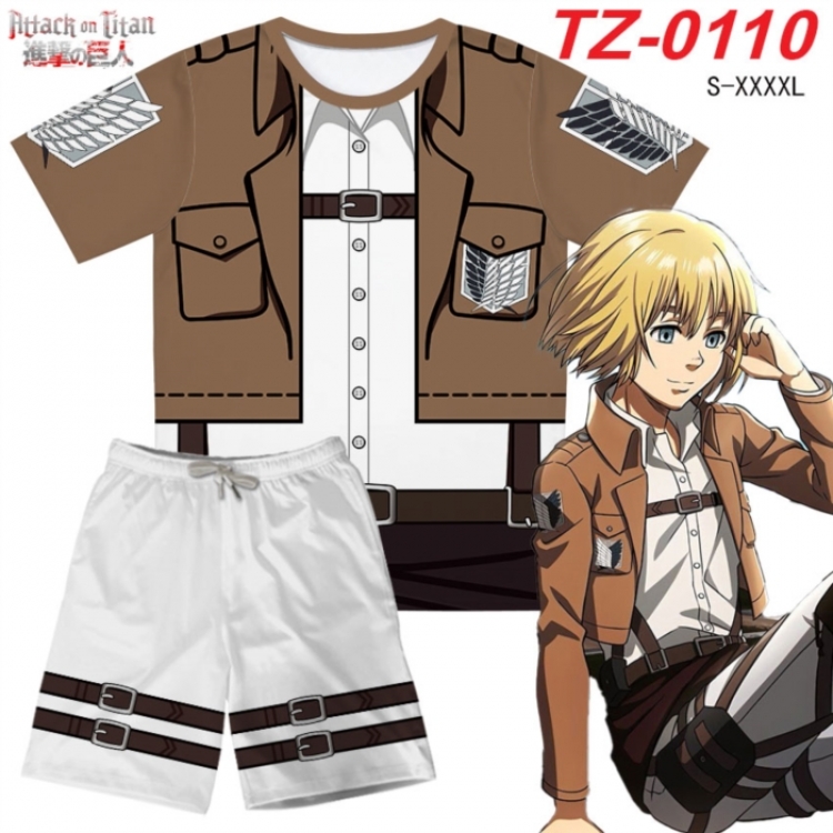 Shingeki no Kyojin Anime Ant Wrinkle Material Full Color Short Sleeve T-shirt+Shorts Set from S to 4XL