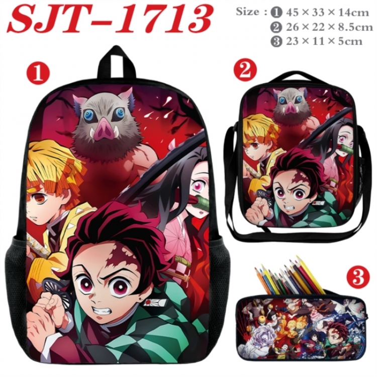 Demon Slayer Kimets Anime nylon canvas backpack pencil case crossbody bag three piece set 45x33x14cm