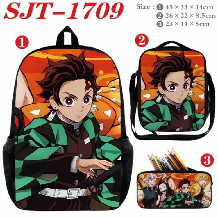 Demon Slayer Kimets Anime nylon canvas backpack pencil case crossbody bag three piece set 45x33x14cm