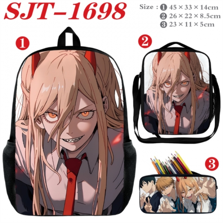 Chainsaw man Anime nylon canvas backpack pencil case crossbody bag three piece set 45x33x14cm