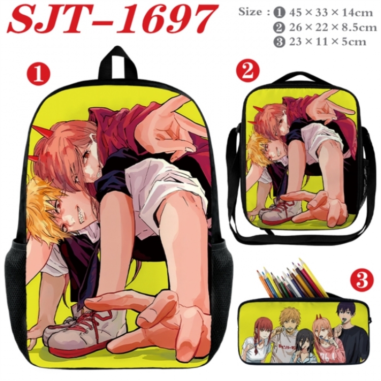 Chainsaw man Anime nylon canvas backpack pencil case crossbody bag three piece set 45x33x14cm
