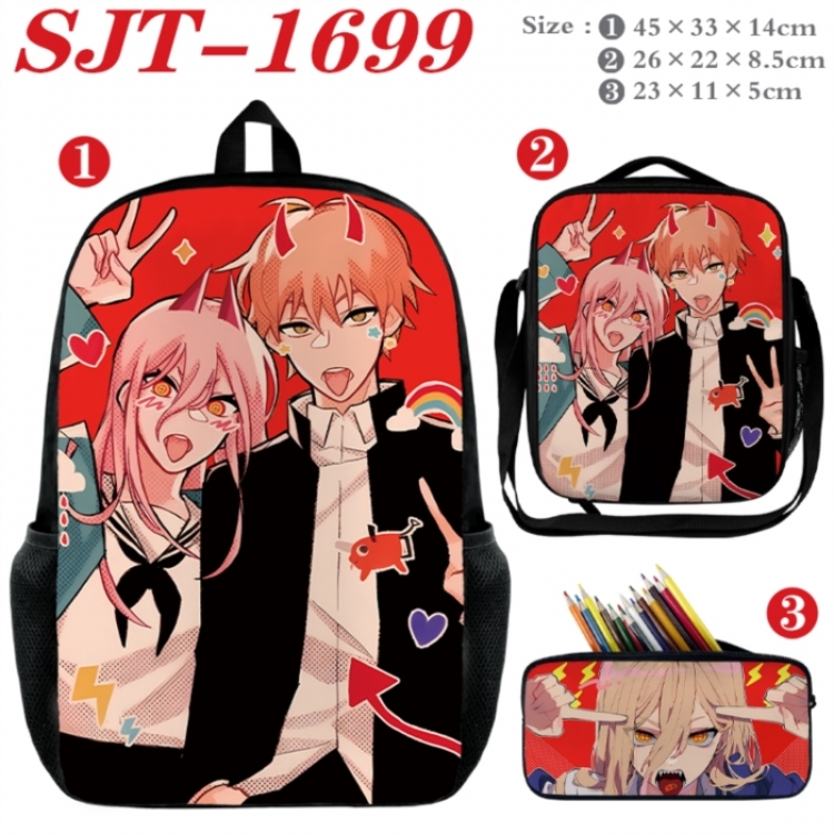 Chainsaw man Anime nylon canvas backpack pencil case crossbody bag three piece set 45x33x14cm