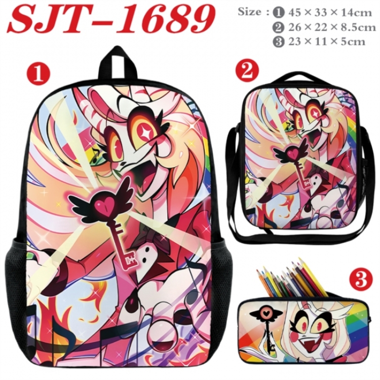 Hazbin Hotel Anime nylon canvas backpack pencil case crossbody bag three piece set 45x33x14cm