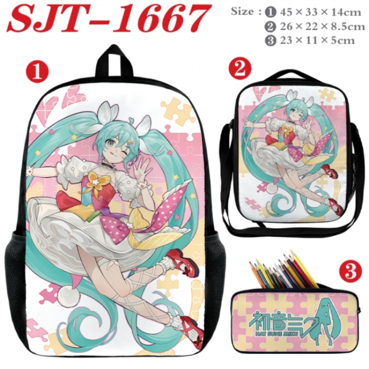 Hatsune Miku Anime nylon canvas backpack pencil case crossbody bag three piece set 45x33x14cm