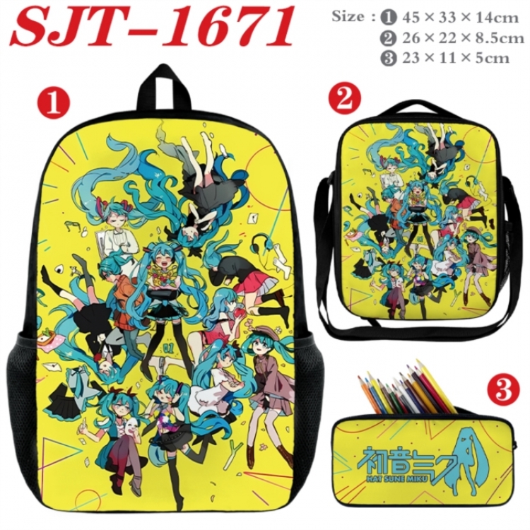 Hatsune Miku Anime nylon canvas backpack pencil case crossbody bag three piece set 45x33x14cm