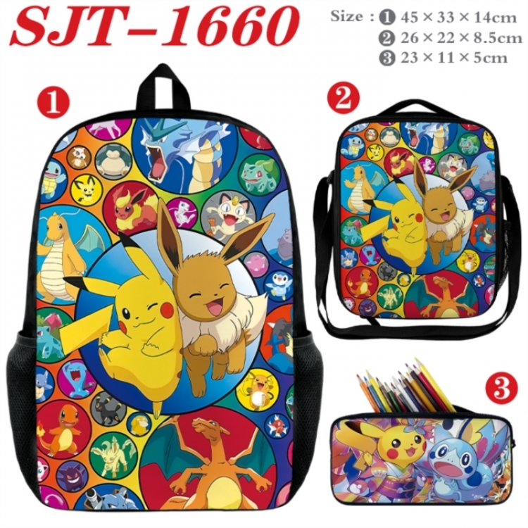 Pokemon Anime nylon canvas backpack pencil case crossbody bag three piece set 45x33x14cm