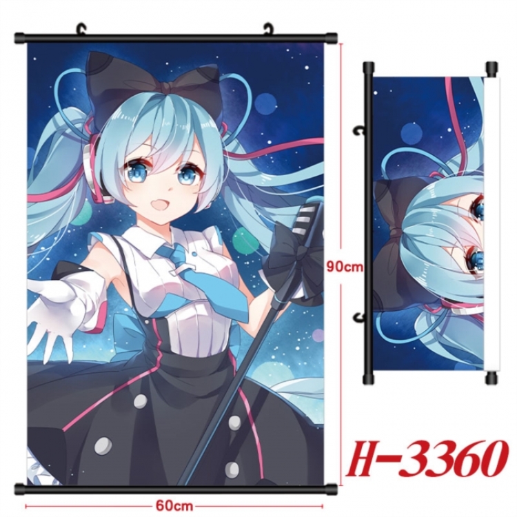 Hatsune Miku Anime Black Plastic Rod Canvas Painting Wall Scroll 60X90CM