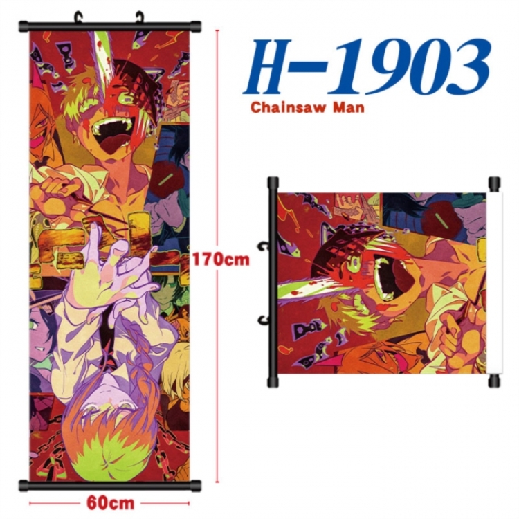 Chainsaw man Black plastic rod cloth hanging canvas painting Wall Scroll 60x170cm