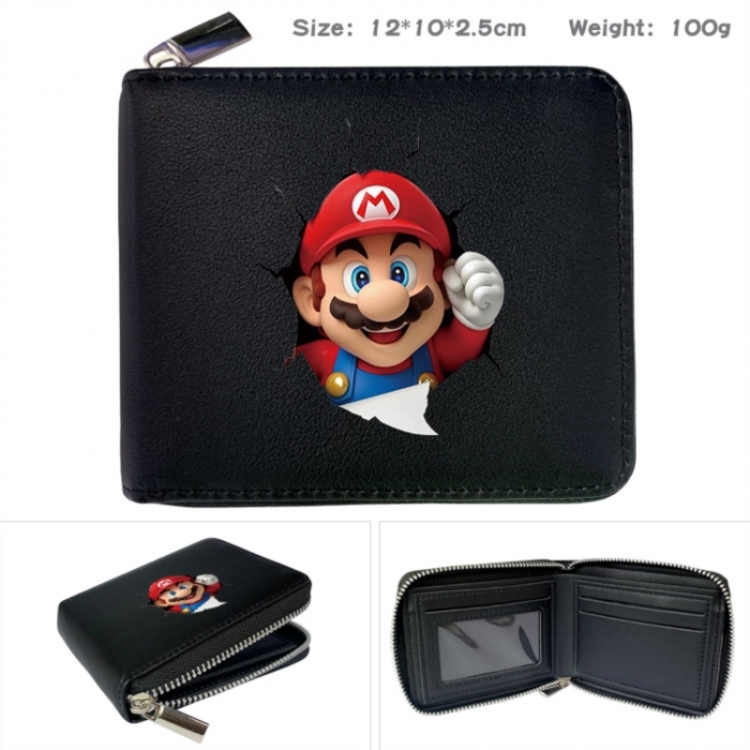 Super Mario Anime zipper black leather half-fold wallet 12X10X2.5CM 100G