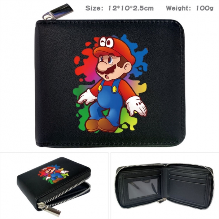Super Mario Anime zipper black leather half-fold wallet 12X10X2.5CM 100G