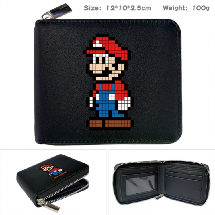 Super Mario Anime zipper black leather half-fold wallet 12X10X2.5CM 100G