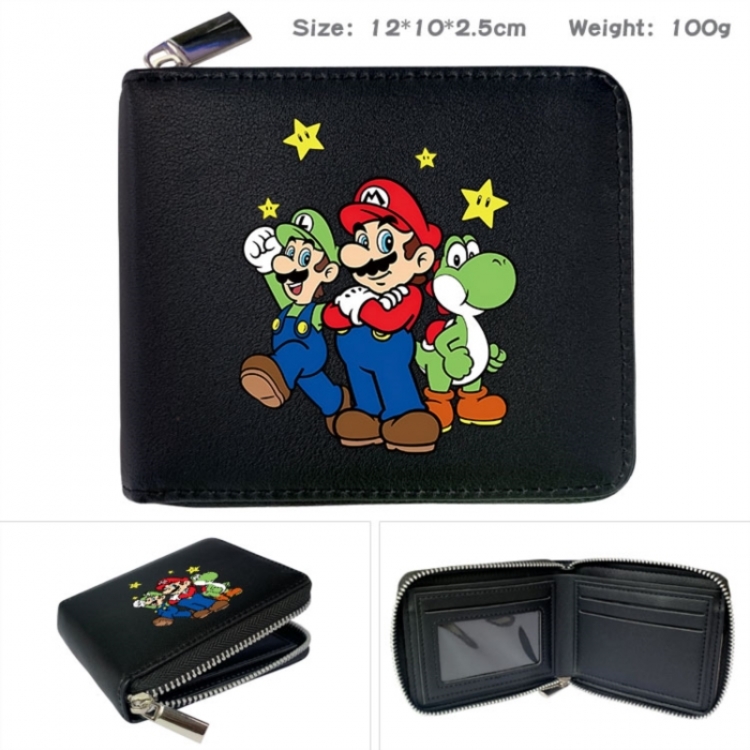 Super Mario Anime zipper black leather half-fold wallet 12X10X2.5CM 100G