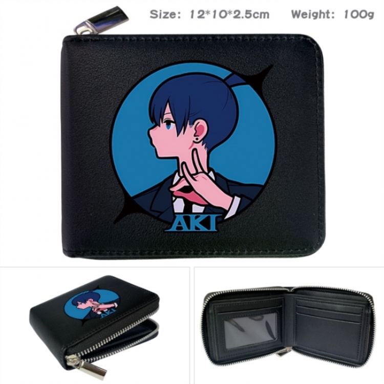 Chainsaw man Anime zipper black leather half-fold wallet 12X10X2.5CM 100G