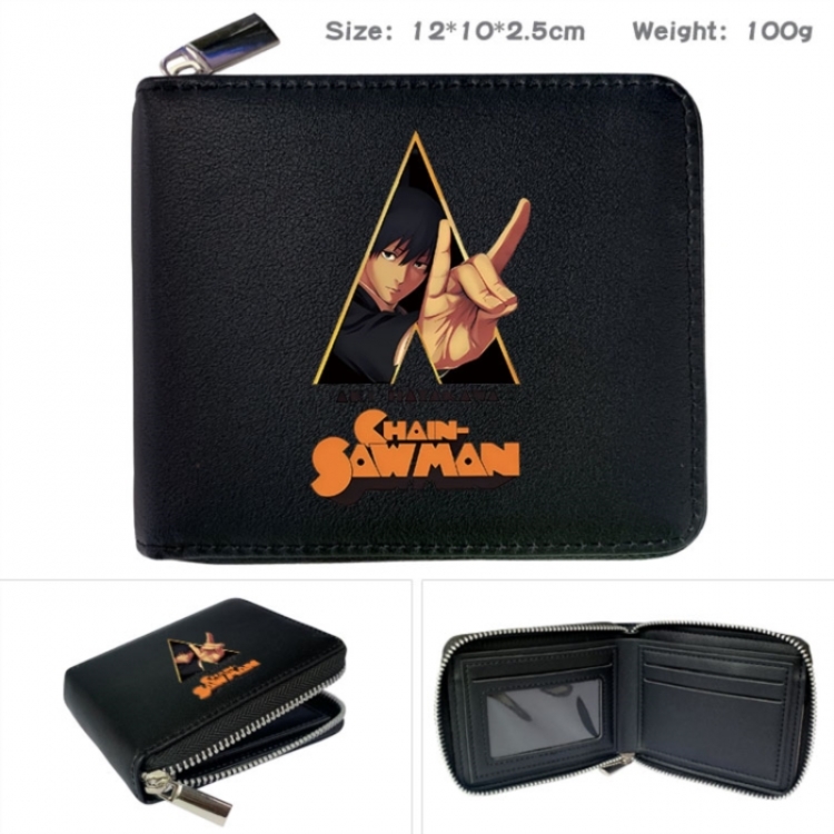 Chainsaw man Anime zipper black leather half-fold wallet 12X10X2.5CM 100G
