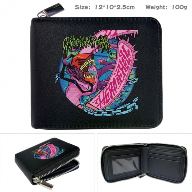Chainsaw man Anime zipper black leather half-fold wallet 12X10X2.5CM 100G
