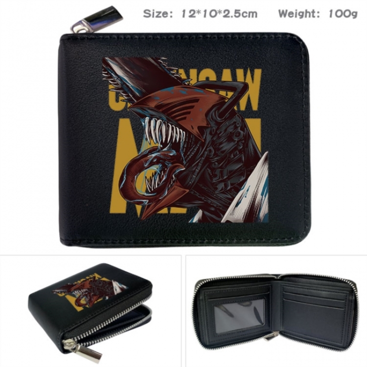 Chainsaw man Anime zipper black leather half-fold wallet 12X10X2.5CM 100G