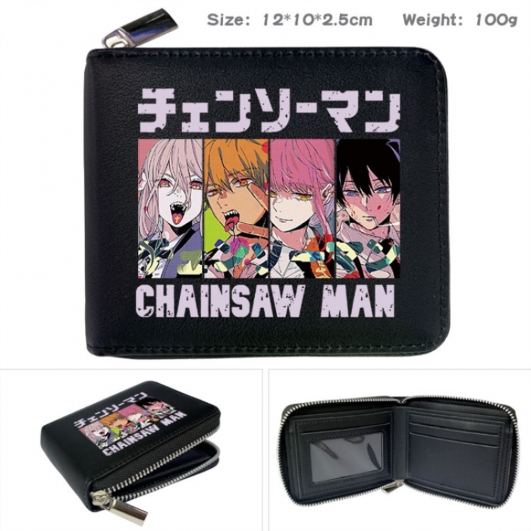 Chainsaw man Anime zipper black leather half-fold wallet 12X10X2.5CM 100G