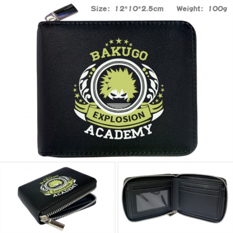 My Hero Academia Anime zipper black leather half-fold wallet 12X10X2.5CM 100G