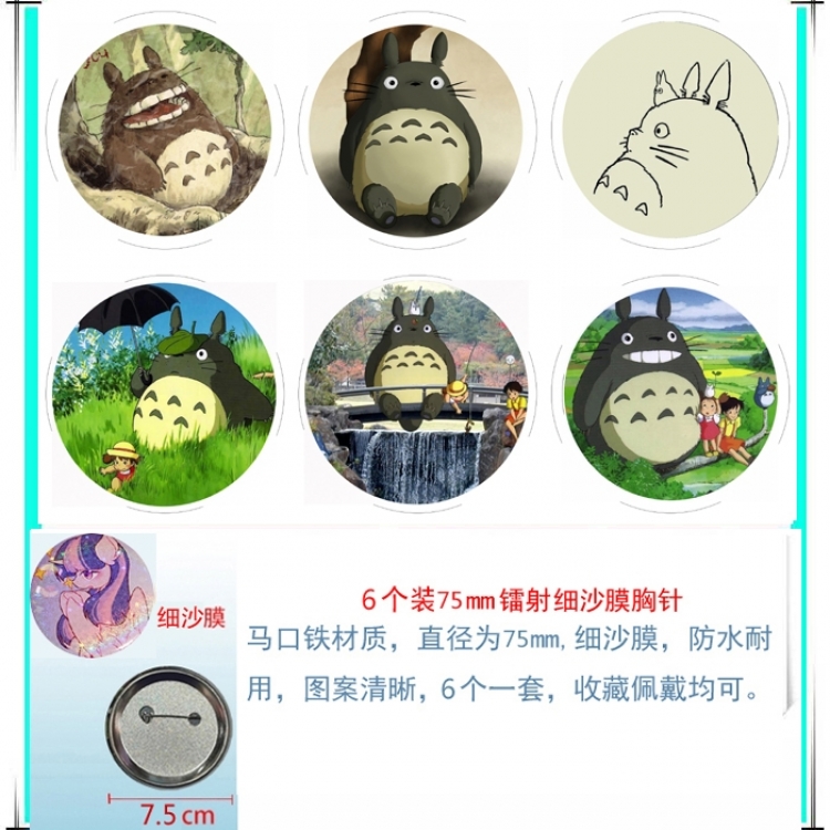 TOTORO Anime Fine sand film brooch badge 75MM a set of 6