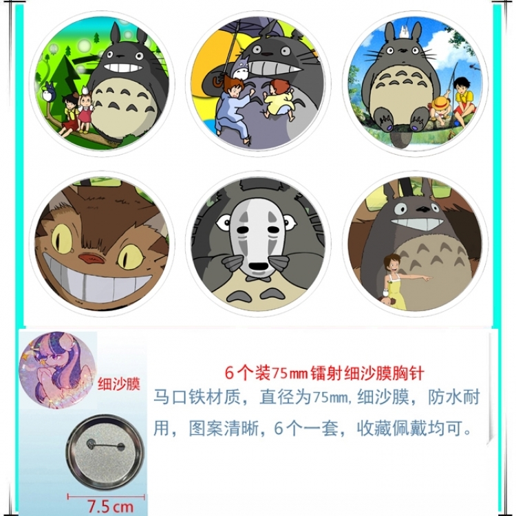 TOTORO Anime Fine sand film brooch badge 75MM a set of 6