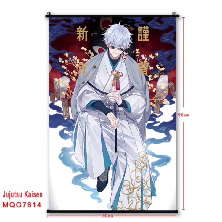 Jujutsu Kaisen Anime black Plastic rod Cloth painting Satin cloth Wall Scroll 60X90CM