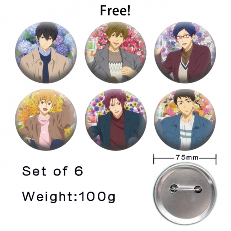 Free! Anime Tinplate Bright Film Emblem Badge 75mm a set of 6