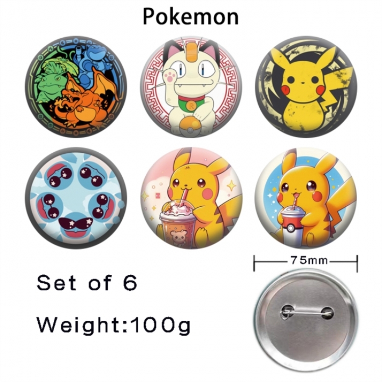 Pokemon Anime Tinplate Bright Film Emblem Badge 75mm a set of 6