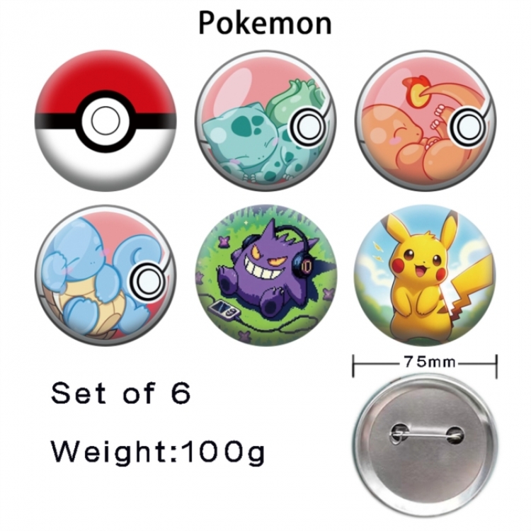 Pokemon Anime Tinplate Bright Film Emblem Badge 75mm a set of 6