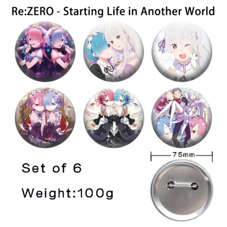 Re:Zero kara Hajimeru Isekai Seikatsu Anime Tinplate Bright Film Emblem Badge 75mm a set of 6