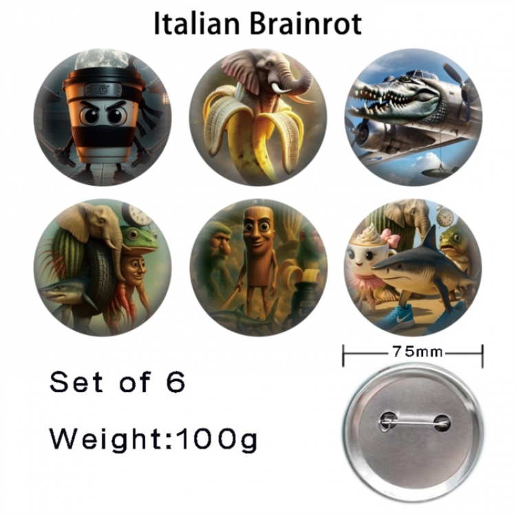 Italian-Brainrot Anime Tinplate Bright Film Emblem Badge 75mm a set of 6