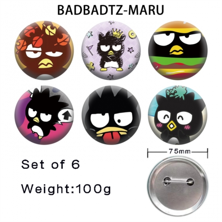 BAD BADTZ-MARU Anime Tinplate Bright Film Emblem Badge 75mm a set of 6