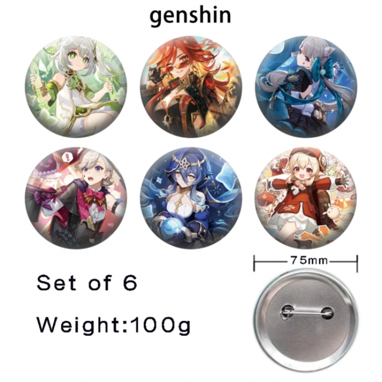 Genshin Impact Anime Tinplate Bright Film Emblem Badge 75mm a set of 6